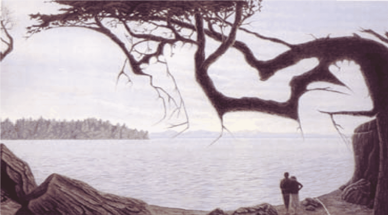 A painting of two people on a shore under a large tree. The tree's branches and the gaps between them form the shape of a baby.